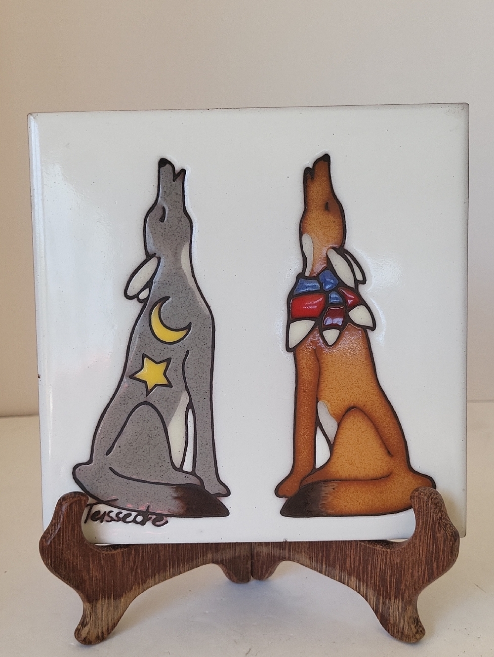Cleo Teissedre Hand Painted Ceramic Tile Howling Coyotes 6x6
